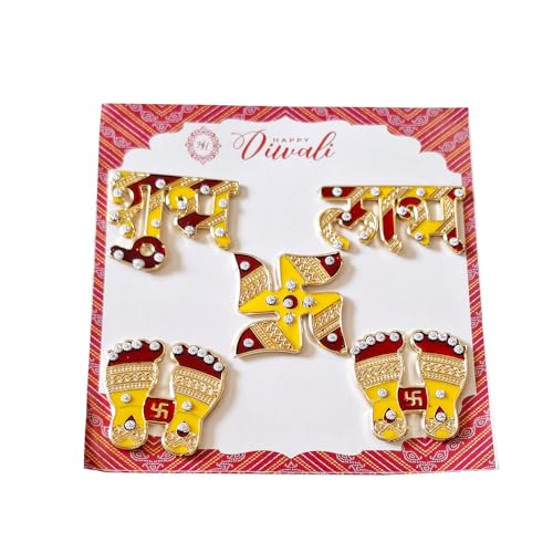 DMS RETAIL Metal Shubh Labh Swastik Laxmi Charan Sticker for Diwali Decoration|Door Entrance Sticker Temple Decoration Floor Decoration-Complete Family Shubh Labh