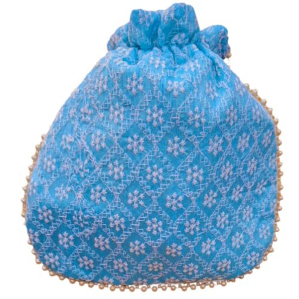 DMS RETAIL Chikankari Raw Silk drawstring Rajasthani Style Potli bags, Royal Clutch, Bridal Purse for Wedding, Batwa Bag, Shagun Potli Purse for Women, Potli bag for ladies return gift (SKY BLUE)
