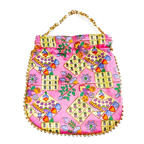 DMS RETAIL Potli Bags for Women Evening Bag Clutch Ethnic Bride Purse with Drawstring Potli Bag for Wedding (Pink)
