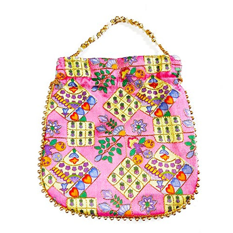 DMS RETAIL Potli Bags for Women Evening Bag Clutch Ethnic Bride Purse with Drawstring Potli Bag for Wedding (Pink)