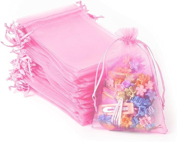 DMS RETAIL PINK Net Organza Bags with Drawstring Mesh Bags for Gift | Makeup Pouch |Candy | Baby Shower Party, Christmas Festival Packing Sheer Organza Pouches Pack Of 40 (8X10 CMS)