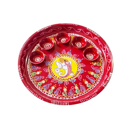 DMS RETAIL Red Hand Printed Decorative Designer Stainless Steel Puja Thali with Deepak Holder for Temple and Home| Decorative Rakhi Thali|Tilak Thali |5 Holder Thali 11 Inch