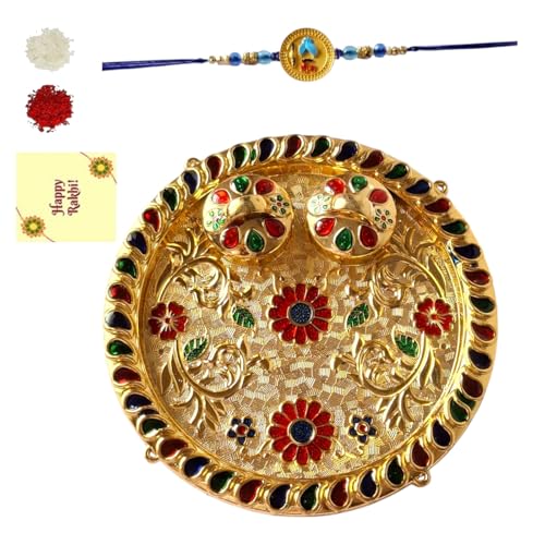 DMS RETAIL Meenakari Flower designed Pooja Thali (6 INCH) & Set Of 1 Blue Pagdi Moustache Veera Rakhi For Men,Brother Rakshabandhan/Bhaidooj Puja Thali, Tilak & Greeting Card