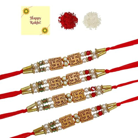 DMS RETAIL Ethnic Swastik Rakhi For Brother With Roli Chawal Rakhi For Rakhi Bracelet For Brother Combo Of Pack Of 4 Rakhi With Greetings Cards