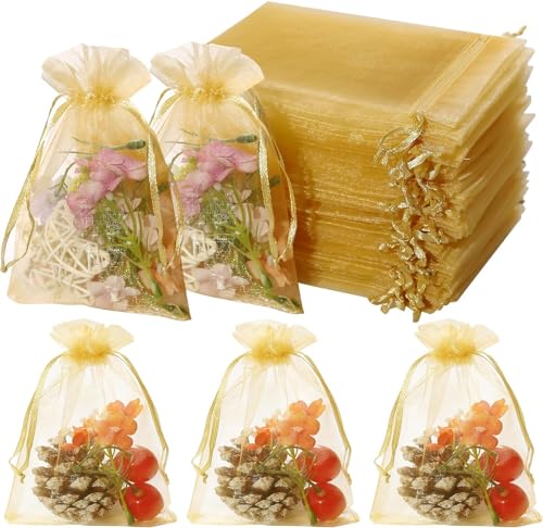 DMS RETAIL Shagun Potli Bags Organza Potli Pouch Sheer Pouches Candy Chocolate Pouches Drawstring Pouches 16X23 CMS Pack Of 15 (GOLDEN)