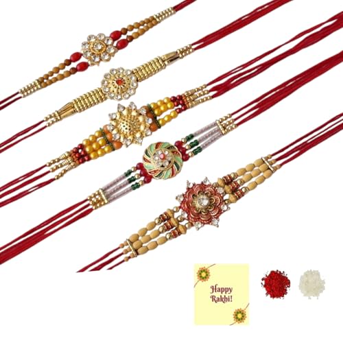 DMS RETAIL Kundan Diamond Studded Moli Rakhi Band For Brother Set Of 5 With Roli Tilak and Greetings Card