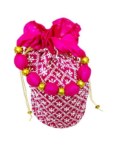 DMS RETAIL Presents Designer Royal Lucknowi Potli Batwa Bag Bridal Purse Women Handbag Shagun Pouch Return Gifts for Ladies (Magenta)