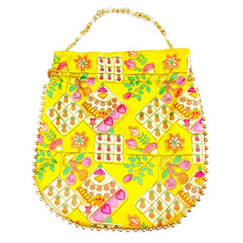 DMS RETAIL Potli Bags for Women Evening Bag Clutch Ethnic Bride Purse with Drawstring Potli Bag for Wedding (Yellow)