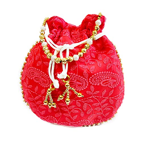 DMS RETAIL Lucknowi Ethnic Potli Zari Work Handicraft Designer Traditional Rajasthani Royal Style Bridal Potli Bag Women (RED)