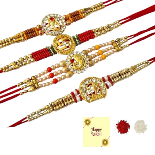 DMS RETAIL Religious Rakhi Combo For Brother|Om Swastik Ganesh Bracelet Set Of 4 Rakhi With Roli Chawal