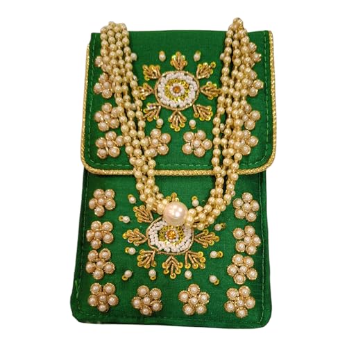 DMS RETAIL Luxury Mobile Pouch – Hand Embroidered Pearl & Zari Work Phone Sling for Women & Girls with Pearl Drawstring