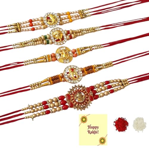 DMS RETAIL Set Of 5 Designer Ganesh Rakhi For Brother With Roli Tilak With Greetings Card
