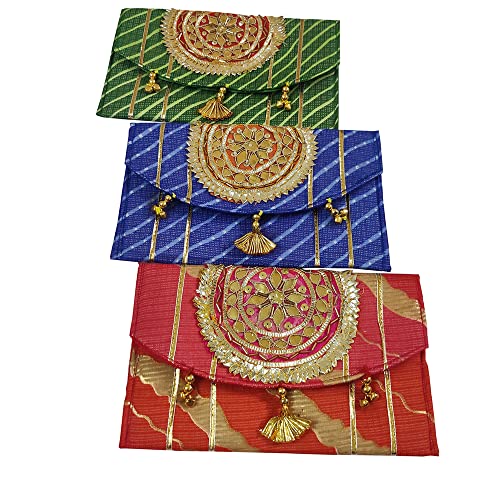 DMS RETAIL Designer Leheriya Printed Embroidered Gotapatti Purse For Women,Return Favour For Wedding For Guests,Clutch Purse For Women Pack Of (6)
