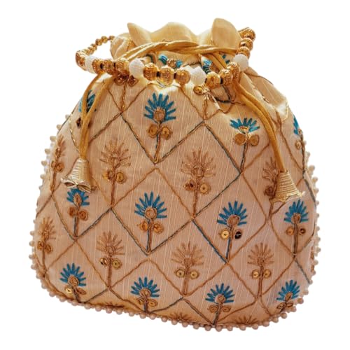 DMS RETAIL Women's Embroidered Potli | Ladies Purse Handbag Purses for Women,Wedding, Housewarming, Corporate Gifts, Anniversary Baby Shower Return Gifts (BLUE)
