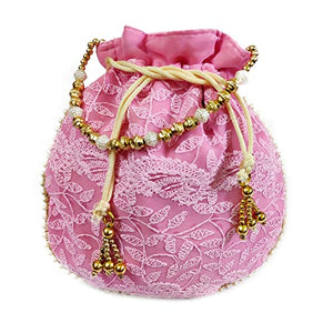 DMS RETAIL Lucknowi Ethnic Potli Zari Work Handicraft Designer Traditional Rajasthani Royal Style Bridal Potli Bag Women (Pink)