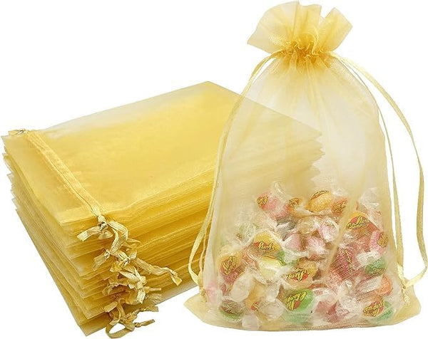 DMS RETAIL Shagun Potli Bags Organza Potli Pouch Sheer Pouches Candy Chocolate Pouches Drawstring Pouches 16X23 CMS Pack Of 15 (GOLDEN)