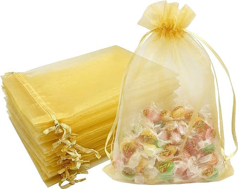 DMS RETAIL Golden Return Gift Organza Bags Drawstring Pouches Sheer Transparent Net Tissue Potli Bags Shagun Potli Bags For Wedding Favour Pack Of 25 (8X10 CMS)