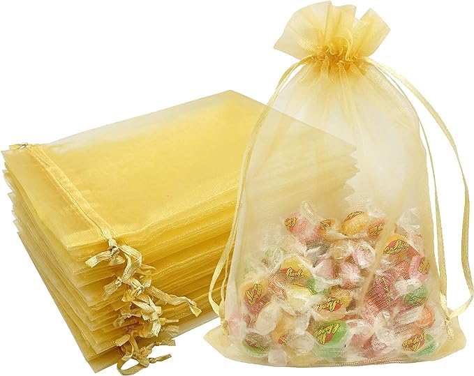 DMS RETAIL GOLDEN Organza Bags/Shagun Potli/Jewellery Packing/Dry Fruit Pouch Akshada Pouches Return Favour Organza Poyches Pack oF 50 (7X9 CMS)