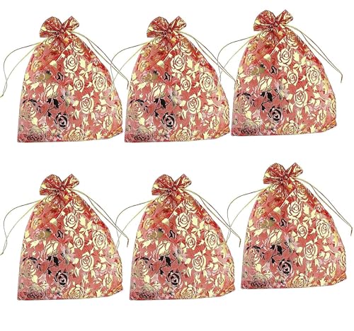 DMS RETAIL RED Net Organza Bags with Drawstring Mesh Bags for Gift |Gold/Golden| Makeup Pouch |Candy | Baby Shower Party, Christmas Festival Packing Sheer Organza Pouches 9X12 CMS Golden Pack Of (80)