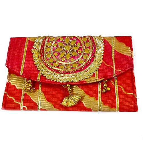 DMS RETAIL Designer Leheriya Printed Embroidered Gotapatti Purse For Women,Return Favour For Wedding For Guests,Clutch Purse For Women Pack Of (6)