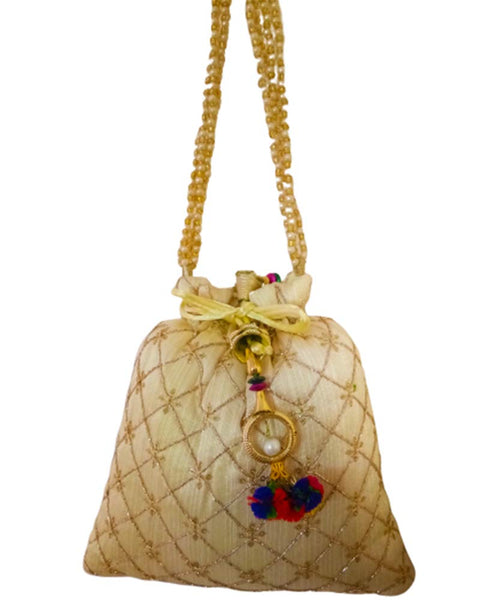 DMS RETAIL Ethnic Rajasthani Silk Potli Bag With Pearl Drawstring Women's Potli (Golden)