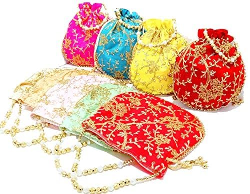 DMS RETAIL Potli|Silk Wedding Potli|Christmas Gift Potli|Baby Shower Potli|Traditional Shagun Potli|Drawstring with Beads Handle Potli|New Flower Embroidery Potli| Set Of 5