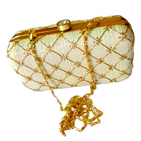 DMS RETAIL Hand Emroidered Box Clutch With Detachable Sling For Party Evening Clutch (Golden)