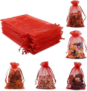 DMS RETAIL Shagun Potli Bags Organza Potli Pouch Sheer Pouches Candy Chocolate Pouches Drawstring Pouches 16X23 CMS Pack Of 15 (RED)