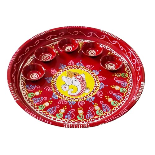 DMS RETAIL Red Hand Printed Decorative Designer Stainless Steel Puja Thali with Deepak Holder for Temple and Home| Decorative Rakhi Thali|Tilak Thali |5 Holder Thali 11 Inch