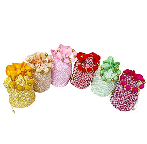 DMS RETAIL Traditional Trendy Potli Bags for Return Gifts for Ladies Menhadi, Haldi, Wedding, Sangeet, Engagement, Pooja, Party Favor Bags (Pack of 6) Multi