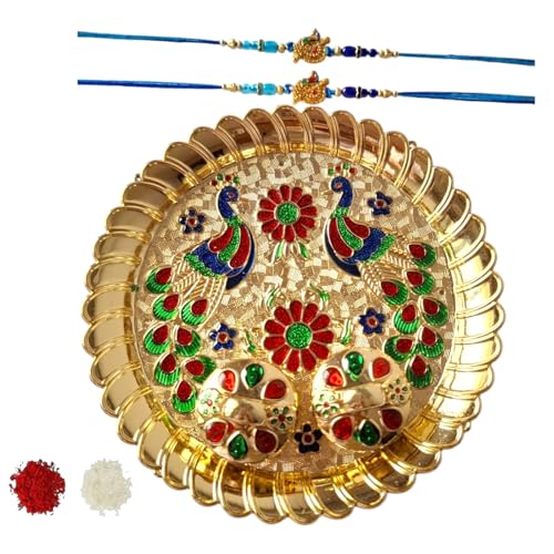 DMS RETAIL Set of 2 Peacock Flute Rakhi with Golden Meenakari Pooja Thali with Greetings Card and Roli Chawal |Traditional Rakhi Thali Combo