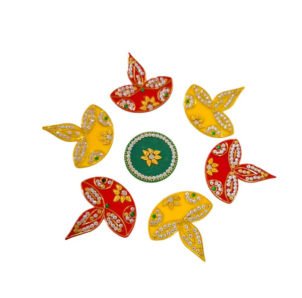 DMS RETAIL Acrylic Deepak Rangoli Decorative Small Rangoli 7Pcs Set (Red Yellow Green) Rangoli for Floor Decoration