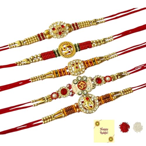 DMS RETAIL Designer Religious Special Rakhi With Roli Tilak And And Greetings Card|Rakhi For Men Set Of 5