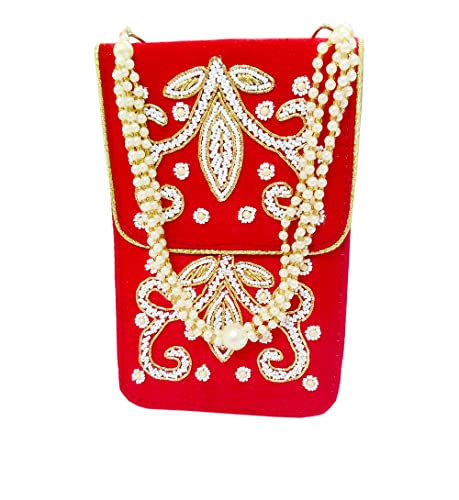 DMS RETAIL Pearl Embroidered Designer Ethnic Mobile Pouch for Women|Return Gift for Ldies|Mobile Clutch Purse with Waist Clip and Pearl Drawstring (RED)