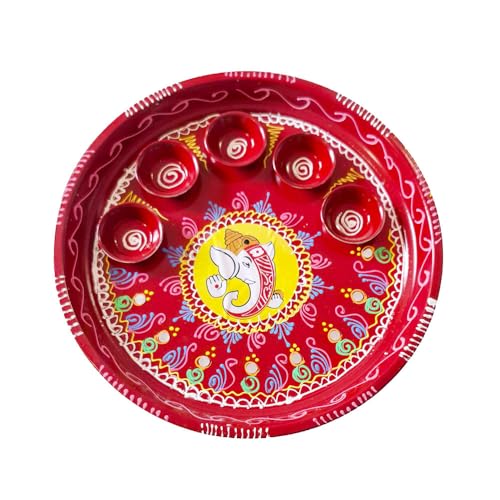 DMS RETAIL Red Hand Printed Decorative Designer Stainless Steel Puja Thali with Deepak Holder for Temple and Home| Decorative Rakhi Thali|Tilak Thali |5 Holder Thali 11 Inch