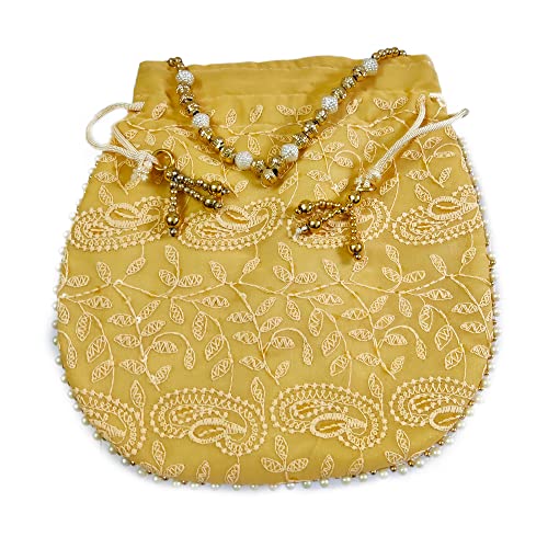 DMS RETAIL Lucknowi Ethnic Potli Zari Work Handicraft Designer Traditional Rajasthani Royal Style Bridal Potli Bag Women (Yellow)