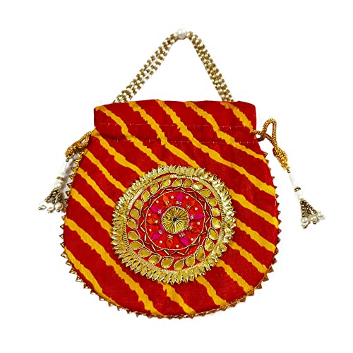 DMS RETAIL Women's Ethnic Rajasthani Potli Bag, Pouch Potli Purse for Women and Girls Leheriya Gotapatti Potli Bag Pack of 4 Multi