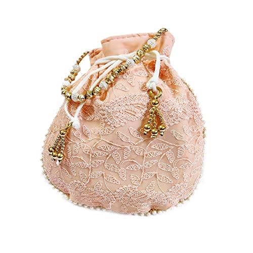 DMS RETAIL Lucknowi Ethnic Potli Zari Work Handicraft Designer Traditional Rajasthani Royal Style Bridal Potli Bag Women (Peach)