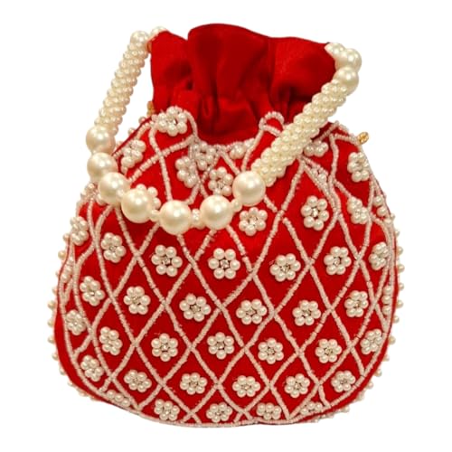 DMS RETAIL Potli | Beadwork Pear Wedding Potli | Beads Handle Potli | Wallet Potli | Christmas Gift Potli | Baby Shower Potli | Lucknowi Potli | Embroidery Potli (RED)