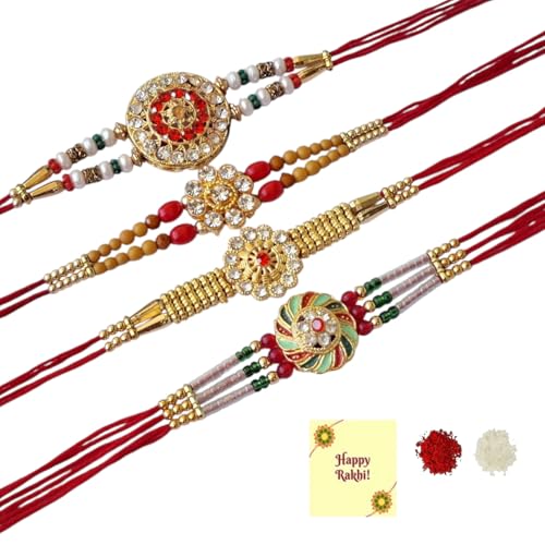 DMS RETAIL Classic Kundan Designer Gold Plated Premium Rakhi for Brother With Roli Chawal & Greeting Card | Rakhi for Bhaiya |Set Of 4