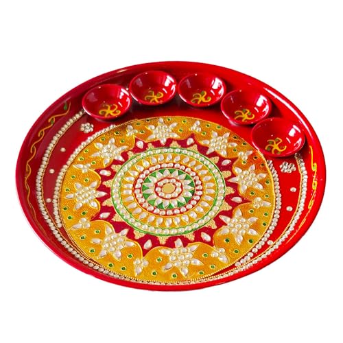 DMS RETAIL Red Rose Kundan Work Pooja Aarti Thali for Home, Diwali Pooja Thali Set, Pooja Decorative Items for Home, Occasional Return Gift,(12 inch)