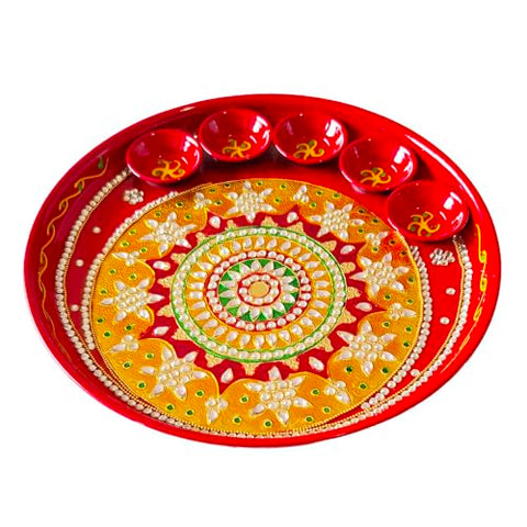 DMS RETAIL Red Rose Kundan Work Pooja Aarti Thali for Home, Diwali Pooja Thali Set, Pooja Decorative Items for Home, Occasional Return Gift,(12 inch)