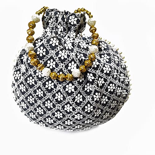 DMS RETAIL Lucknowi Embroidered Potli Bags| Potli Bags for Ladies for Wedding with Pearl Drawstring Pack of 6 Multi