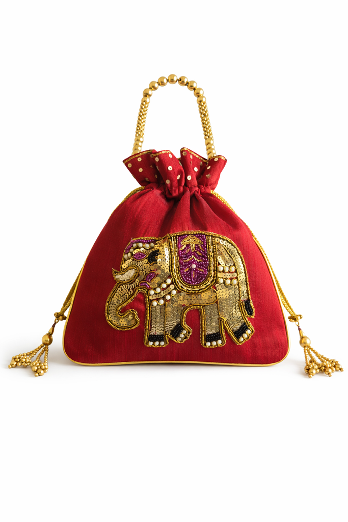 DMS RETAIL Handcrafted Royal Elephant Embroidered Potli Bag for Women | Raw Silk Bridal Clutch with Golden Beads Handle | Ethnic Wedding Purse for Party, Festive & Gift Use