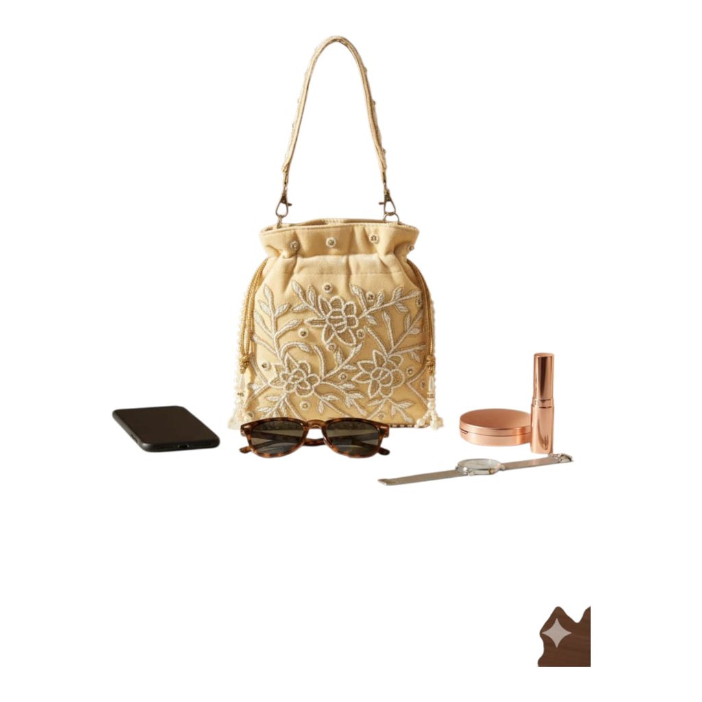 Dms Retail Women S Velvet Embroidered Belt Potli Bag With Pearl