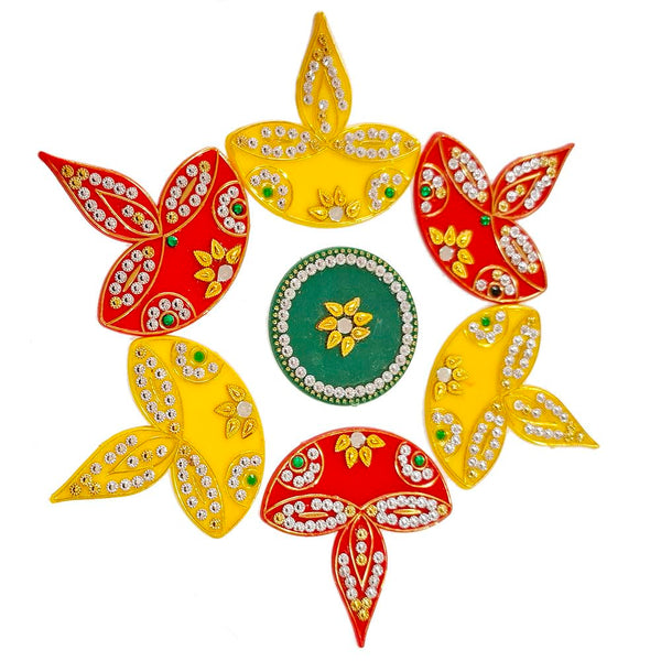 DMS RETAIL Acrylic Deepak Rangoli Decorative Small Rangoli 7Pcs Set (Red Yellow Green) Rangoli for Floor Decoration