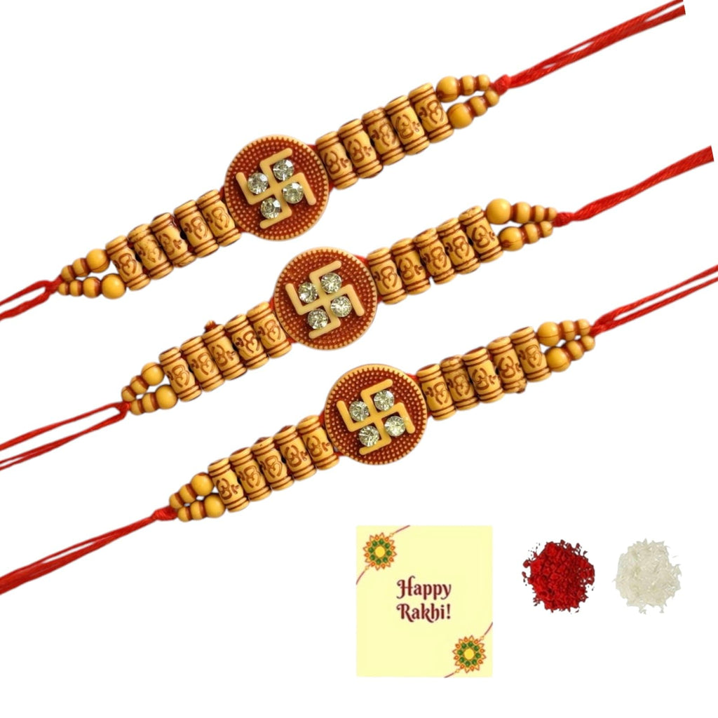 DMS RETAIL Swastik Rakhi for Brother | Religious Rakhi for Bhai | With Roli Chawal And Greetings Card Set Of