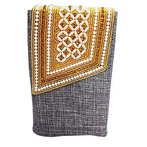 DMS RETAIL Women's Pearl Clutch Silk Saree Clutch Mobile Pouch Waist Clip Ladies Purse Gift Designer Pearl Beads Studded Jute Mobile Pouch (Grey)