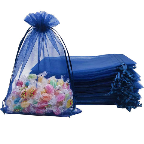 DMS RETAIL Plain Organza Return Gift Bags|Drawstring Pouches For Wedding Plain Organza Bag Return Gift Potli Bag 8X10 Pack Of 10 (DARK BLUE)