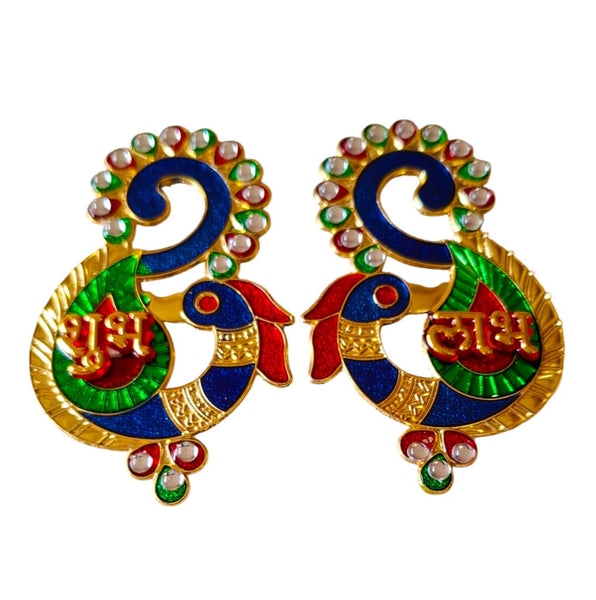 DMS RETAIL Metal Kundan Studded Peacock Shubh Labh Wall Sticker, Door Entrance Sticker, Diwali Decoration Items for Door Decoration Temple Decoration 4X4 INCH